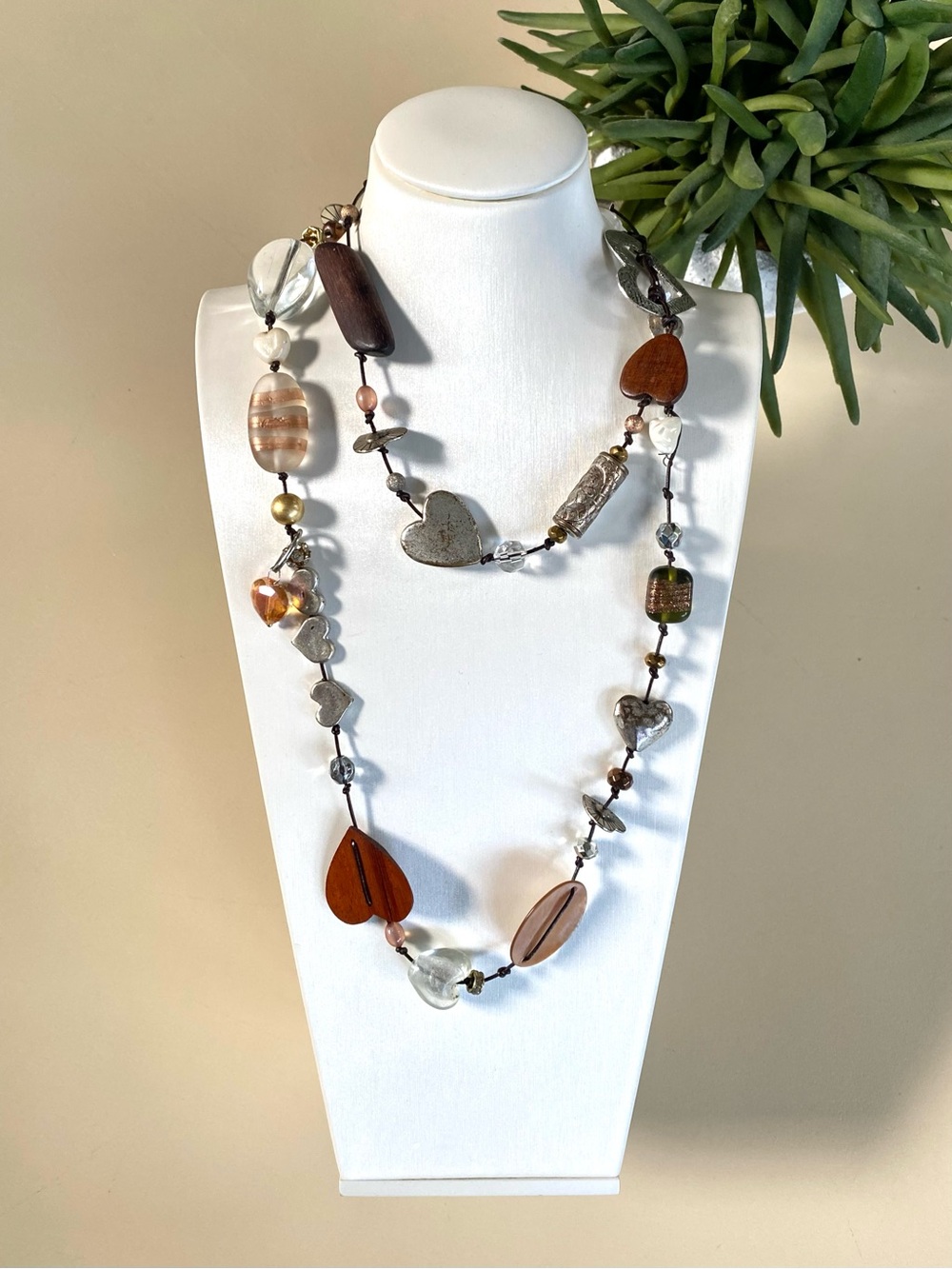 COLDWATER CREEK - Wood Heart & Stone Charm Beaded Long Wrap Necklace